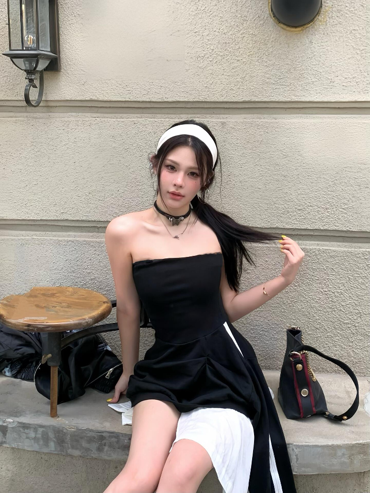 Sexy Black Strapless Dress for Women - American Style Slim Fit Irregular Mid-Length Skirt - 2025 Summer New Arrival