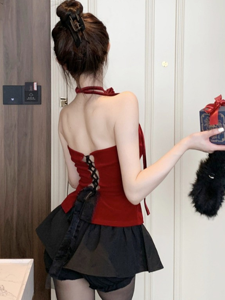 Sexy Hollow Back Halter Top for Women - Unique Chic Fishbone Blouse, Perfect for Night Out or 90s Y2K Fashion Sexy Hollow Back Halter Top for Women - Unique Chic Fishbone Blouse, Perfect for Night Out or 90s Y2K Fashion