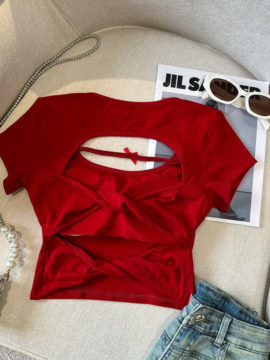 Sexy Hollow Back Short Sleeve T-Shirt for Women - Exquisite Fitted Modal Top, High-End Fashion, Trendy Style, Perfect for 90s and Y2K Looks Sexy Hollow Back Short Sleeve T-Shirt for Women - Exquisite Fitted Modal Top, High-End Fashion, Trendy Style, Perfect for 90s and Y2K Looks