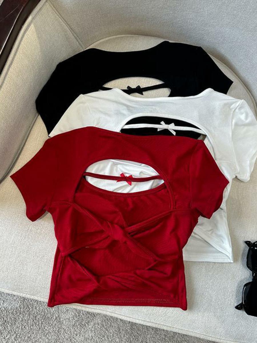 Sexy Hollow Back Short Sleeve T-Shirt for Women - Exquisite Fitted Modal Top, High-End Fashion, Trendy Style, Perfect for 90s and Y2K Looks