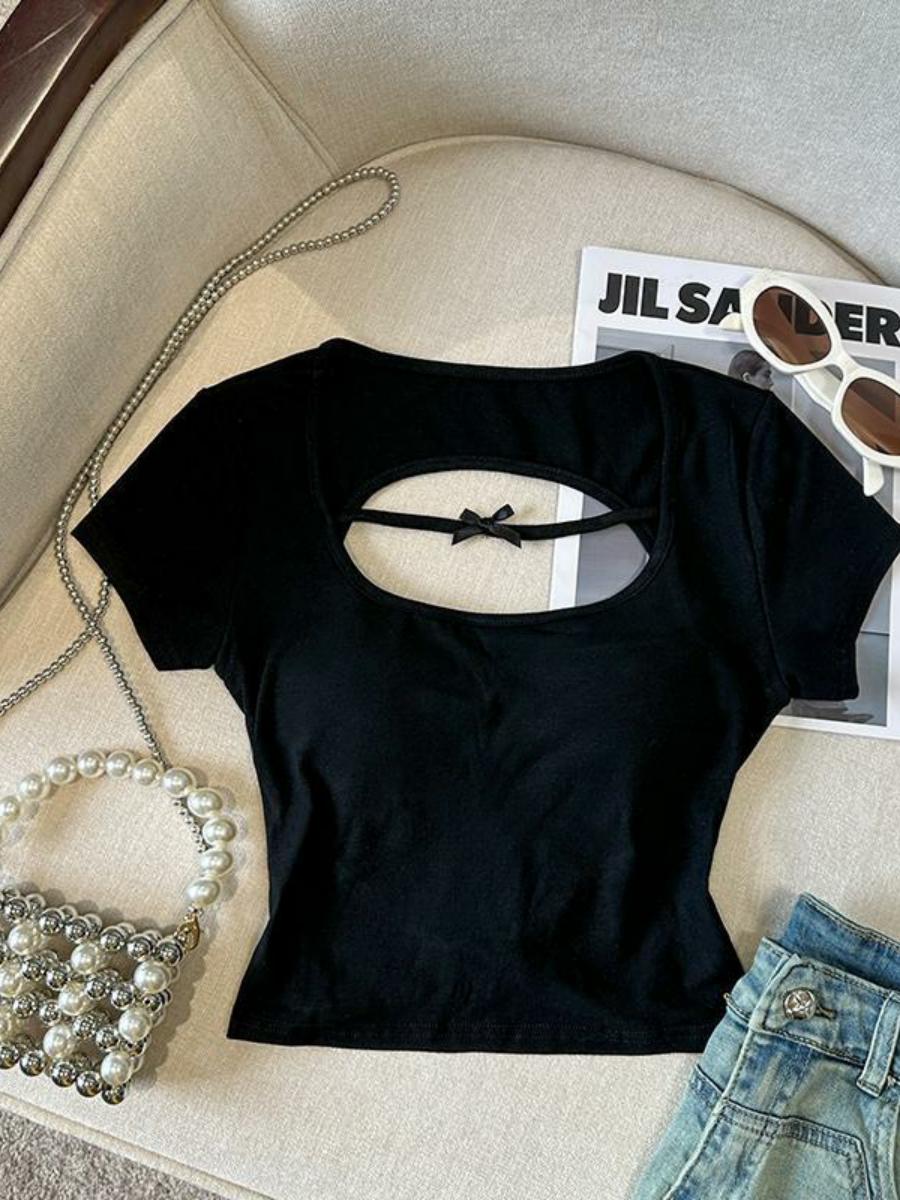 Sexy Hollow Back Short Sleeve T-Shirt for Women - Exquisite Fitted Modal Top, High-End Fashion, Trendy Style, Perfect for 90s and Y2K Looks Sexy Hollow Back Short Sleeve T-Shirt for Women - Exquisite Fitted Modal Top, High-End Fashion, Trendy Style, Perfect for 90s and Y2K Looks