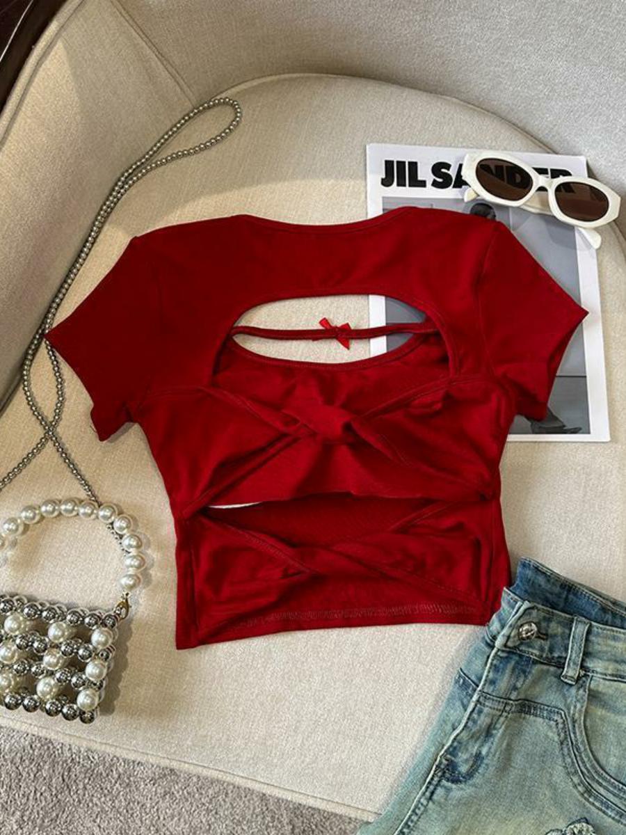 Sexy Hollow Back Short Sleeve T-Shirt for Women - Exquisite Fitted Modal Top, High-End Fashion, Trendy Style, Perfect for 90s and Y2K Looks Sexy Hollow Back Short Sleeve T-Shirt for Women - Exquisite Fitted Modal Top, High-End Fashion, Trendy Style, Perfect for 90s and Y2K Looks