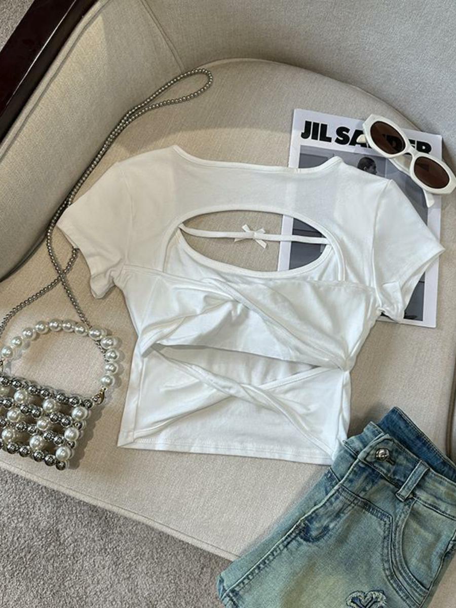 Sexy Hollow Back Short Sleeve T-Shirt for Women - Exquisite Fitted Modal Top, High-End Fashion, Trendy Style, Perfect for 90s and Y2K Looks Sexy Hollow Back Short Sleeve T-Shirt for Women - Exquisite Fitted Modal Top, High-End Fashion, Trendy Style, Perfect for 90s and Y2K Looks