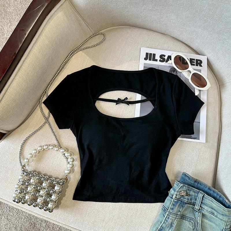 Sexy Hollow Back Short Sleeve T-Shirt for Women - Exquisite Fitted Modal Top, High-End Fashion, Trendy Style, Perfect for 90s and Y2K Looks