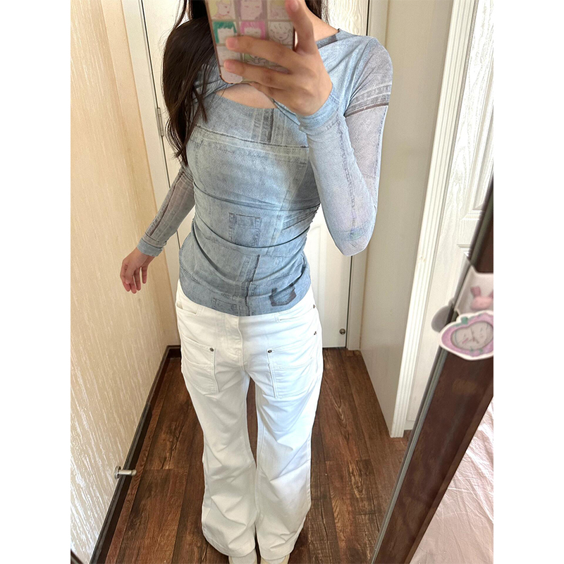Sexy Hollow Tie-Dye Knotted Long-Sleeve T-Shirt - Eccentric Waist-Cinching Slimming Top for Women, Stylish and Versatile Fashion