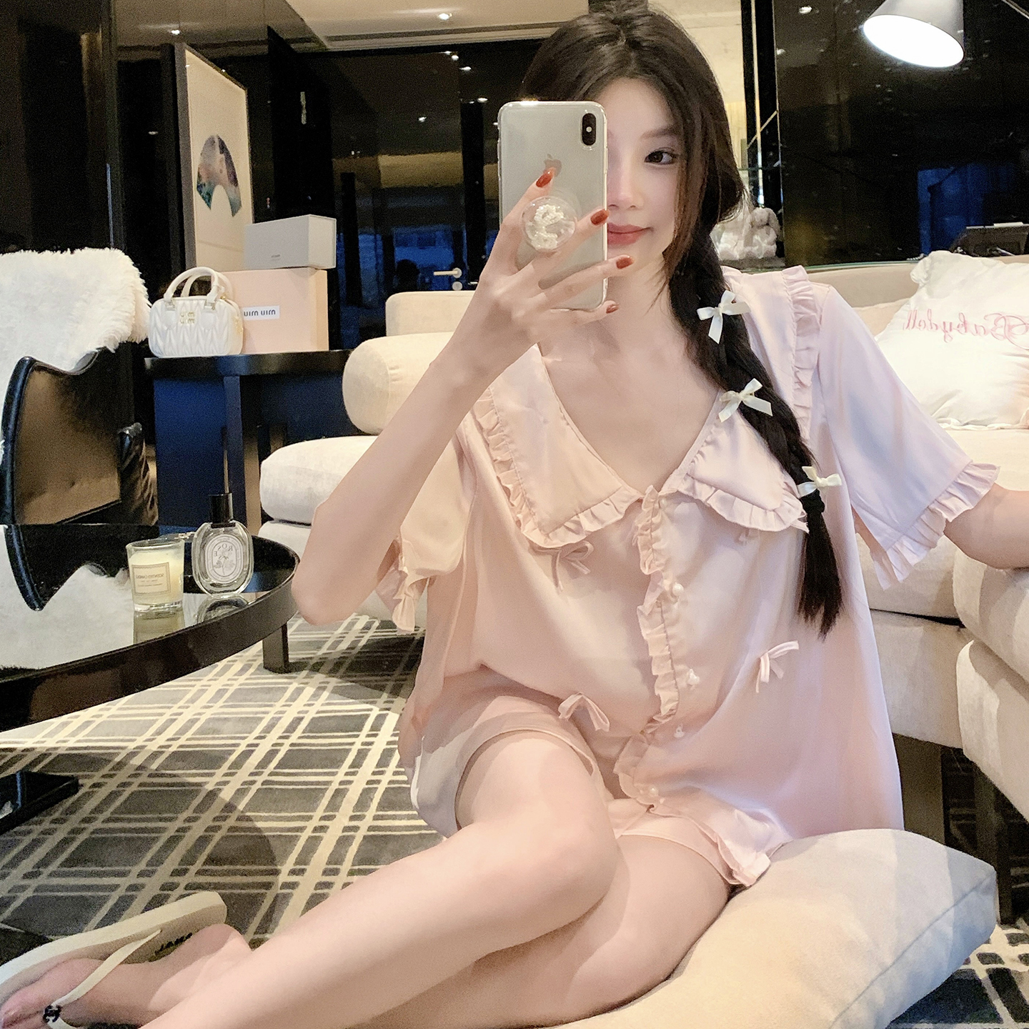 Sexy Ice Silk Women's Pajamas Set - Short Sleeve Summer Homewear with Cute Bow - 2025 New Style Two-Piece Sleepwear