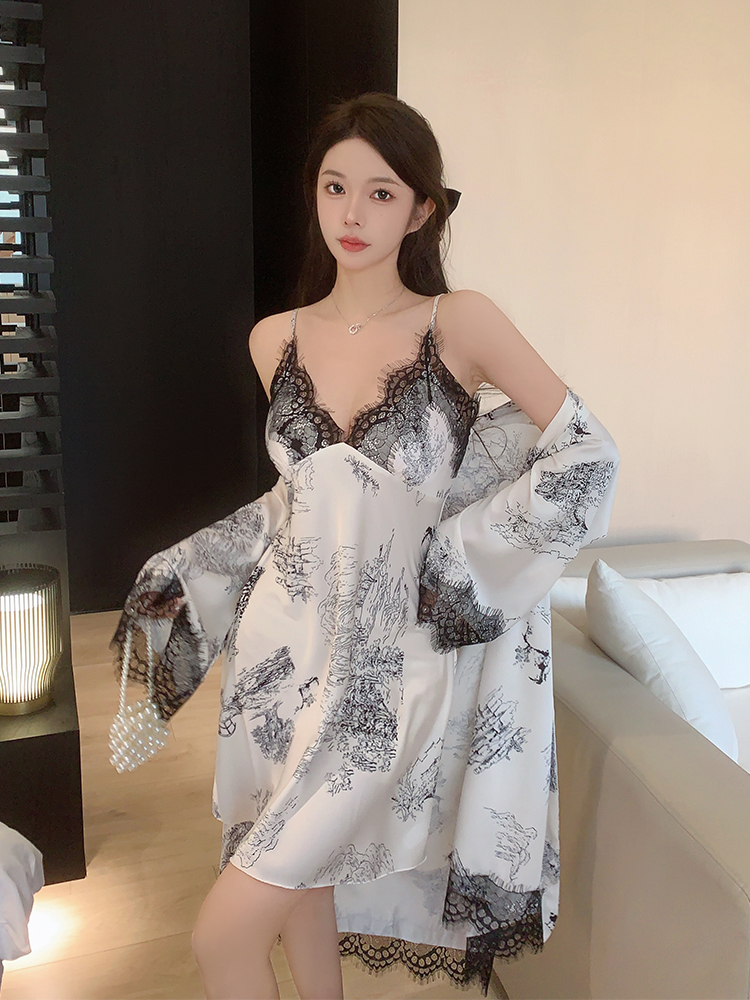 Sexy Ink Splash Lace Camisole Nightgown for Women - Thin Style with Chest Pads, Perfect for Summer 2025, Spring & Autumn Sexy Ink Splash Lace Camisole Nightgown for Women - Thin Style with Chest Pads, Perfect for Summer 2025, Spring & Autumn