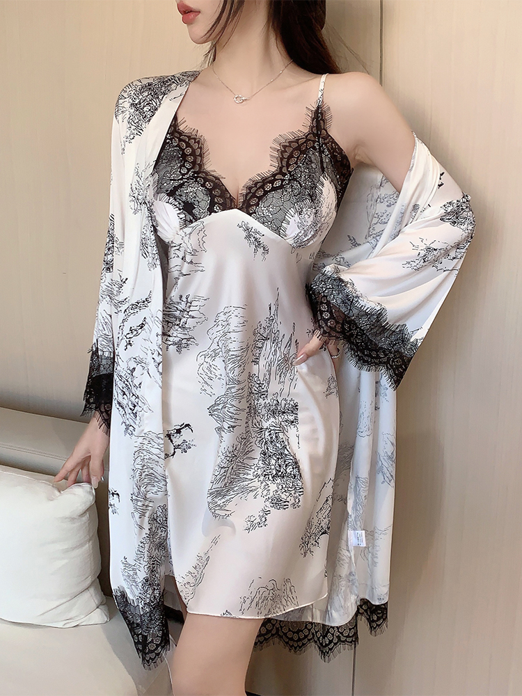 Sexy Ink Splash Lace Camisole Nightgown for Women - Thin Style with Chest Pads, Perfect for Summer 2025, Spring & Autumn Sexy Ink Splash Lace Camisole Nightgown for Women - Thin Style with Chest Pads, Perfect for Summer 2025, Spring & Autumn