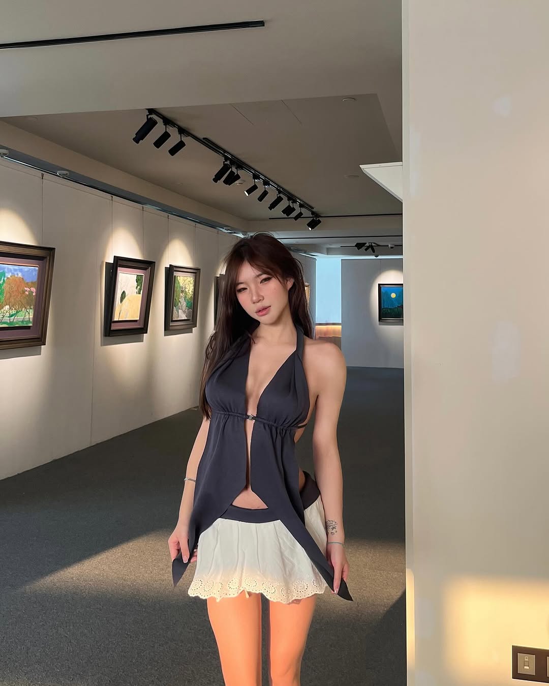 Sexy Irregular V-Neck Halter Crop Top with Fitted Lace Spliced Short Skirt Set - Chic European American Style