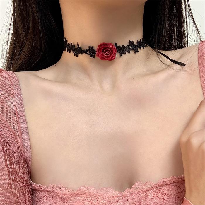 Sexy Lace Choker Collar Necklace for Women - Dark Style Long Woven Red Rose Design, Gothic Fashion Accessory Sexy Lace Choker Collar Necklace for Women - Dark Style Long Woven Red Rose Design, Gothic Fashion Accessory