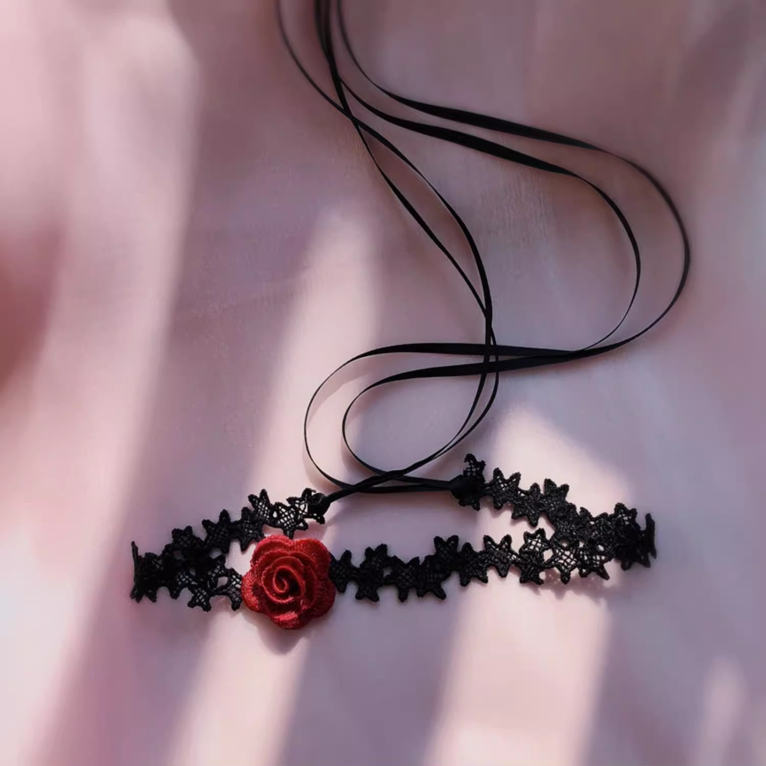 Sexy Lace Choker Collar Necklace for Women - Dark Style Long Woven Red Rose Design, Gothic Fashion Accessory