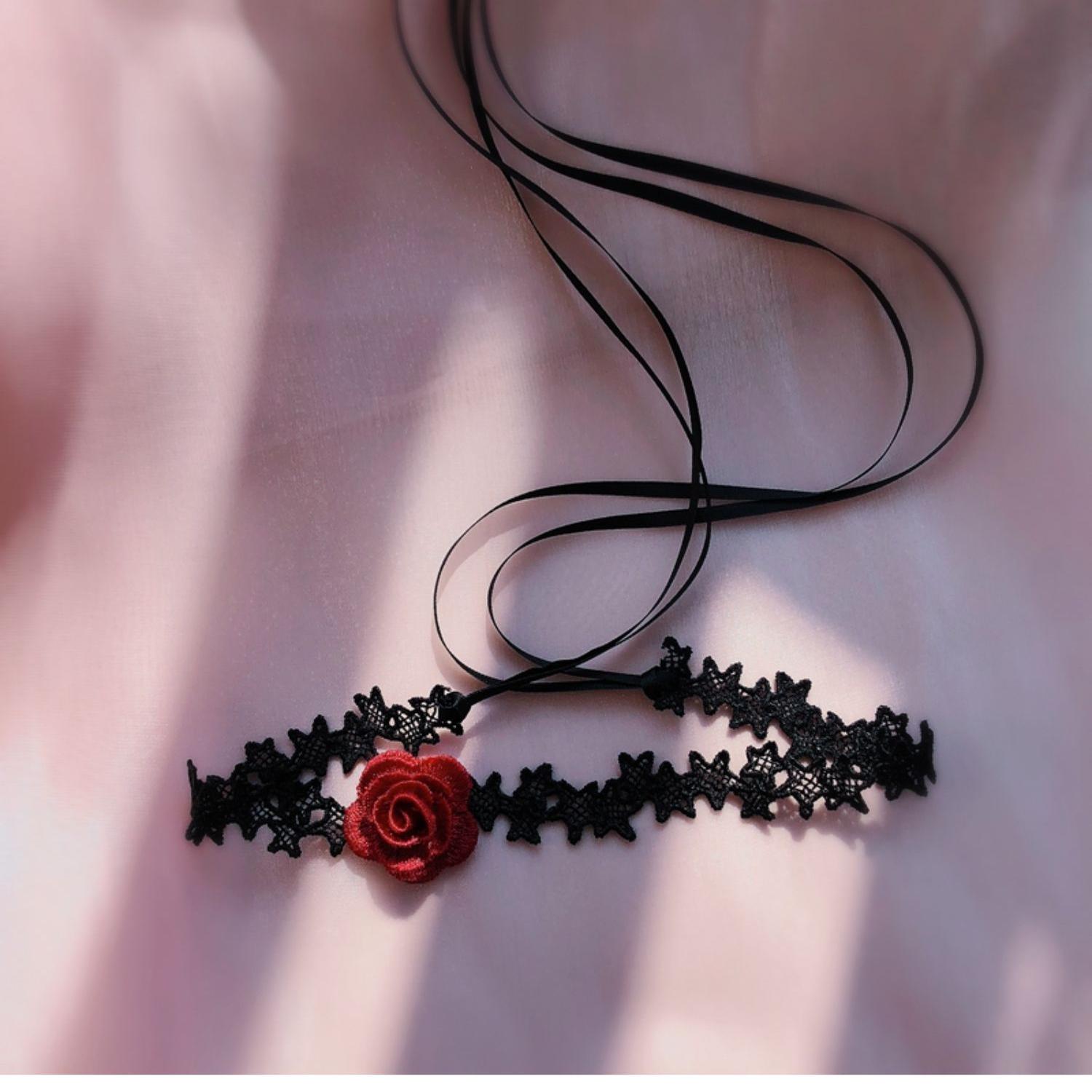 Sexy Lace Choker Collar Necklace for Women - Dark Style Long Woven Red Rose Design, Gothic Fashion Accessory Sexy Lace Choker Collar Necklace for Women - Dark Style Long Woven Red Rose Design, Gothic Fashion Accessory
