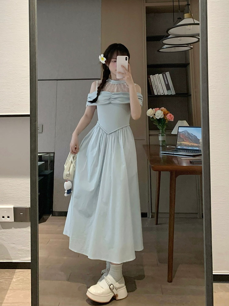 Sexy Lace Fitted Halter Dress in Pure Desire Blue - Delicate European Style for Early Spring Temperament Sexy Lace Fitted Halter Dress in Pure Desire Blue - Delicate European Style for Early Spring Temperament