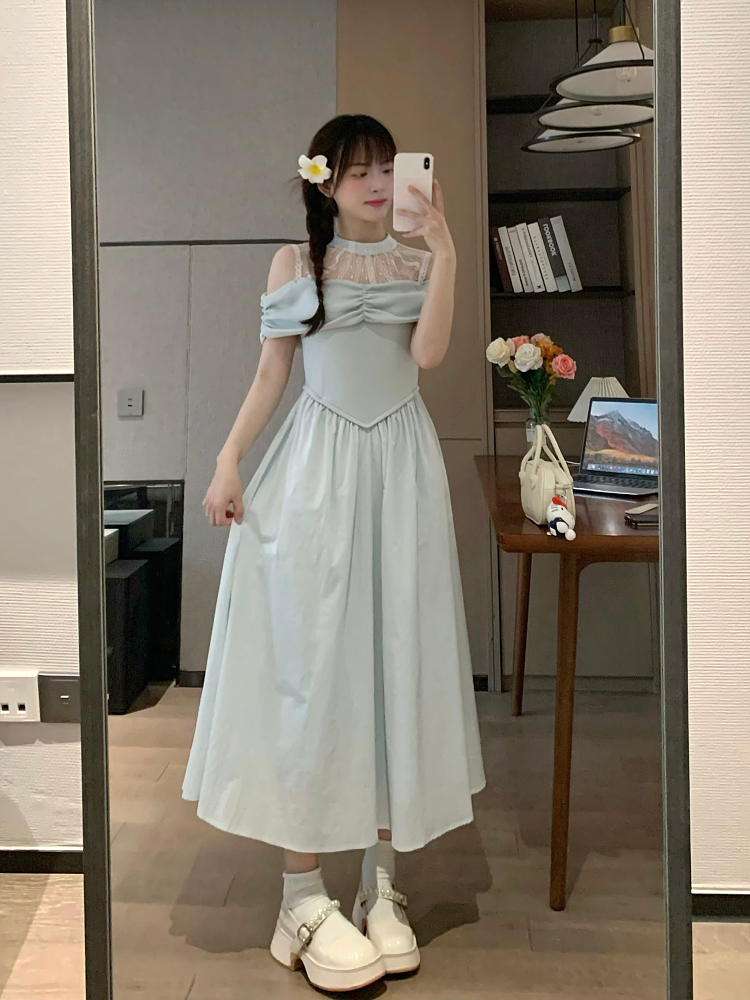 Sexy Lace Fitted Halter Dress in Pure Desire Blue - Delicate European Style for Early Spring Temperament Sexy Lace Fitted Halter Dress in Pure Desire Blue - Delicate European Style for Early Spring Temperament