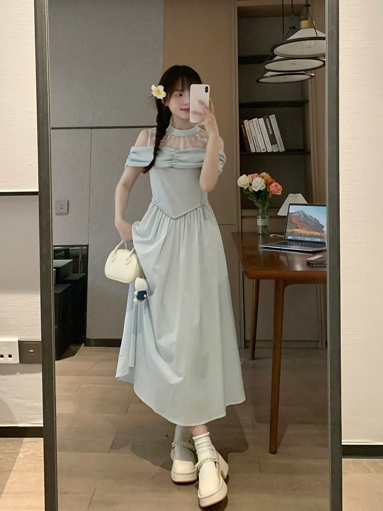 Sexy Lace Fitted Halter Dress in Pure Desire Blue - Delicate European Style for Early Spring Temperament Sexy Lace Fitted Halter Dress in Pure Desire Blue - Delicate European Style for Early Spring Temperament