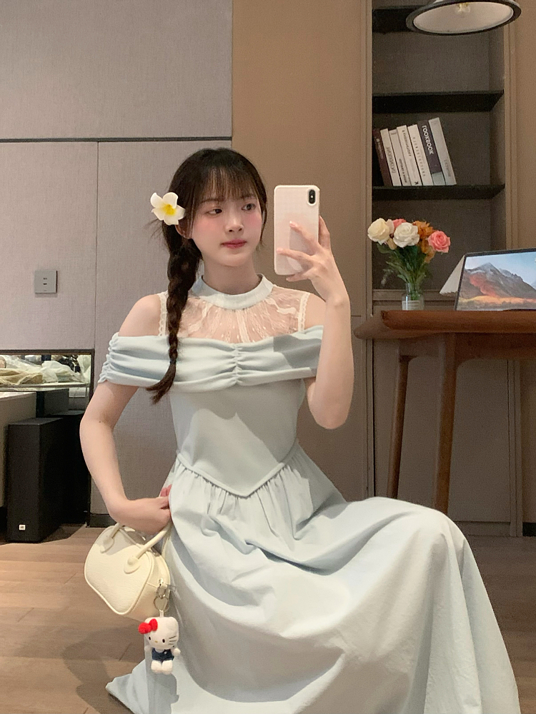 Sexy Lace Fitted Halter Dress in Pure Desire Blue - Delicate European Style for Early Spring Temperament Sexy Lace Fitted Halter Dress in Pure Desire Blue - Delicate European Style for Early Spring Temperament