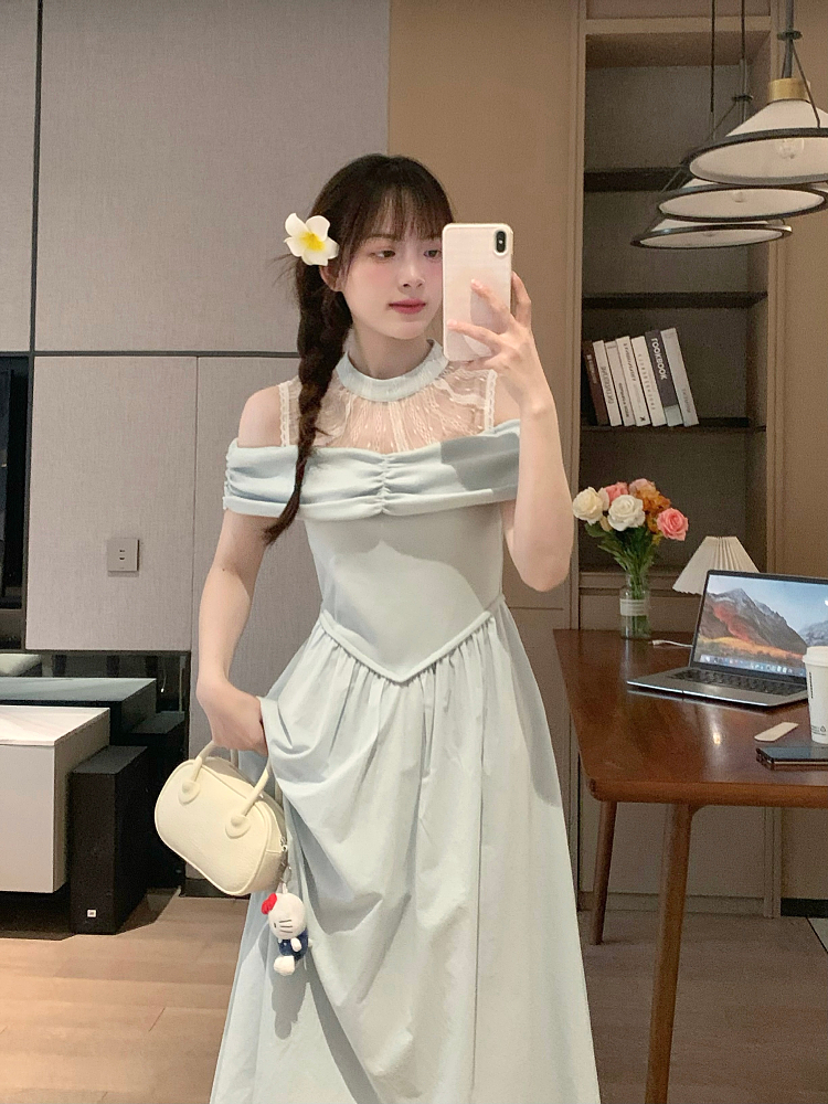 Sexy Lace Fitted Halter Dress in Pure Desire Blue - Delicate European Style for Early Spring Temperament