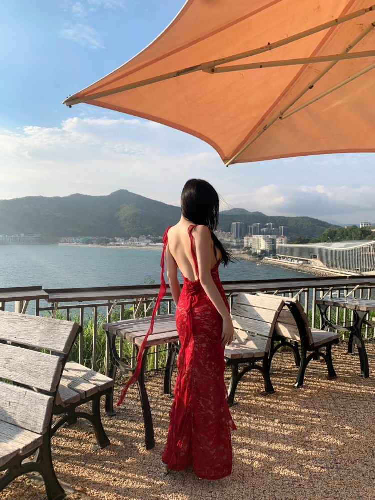 Sexy Lace Halter Backless Dress for Women - Slim Fit Sheer Bodycon Long Dress for Summer Vacation - European and American Style Sexy Lace Halter Backless Dress for Women - Slim Fit Sheer Bodycon Long Dress for Summer Vacation - European and American Style