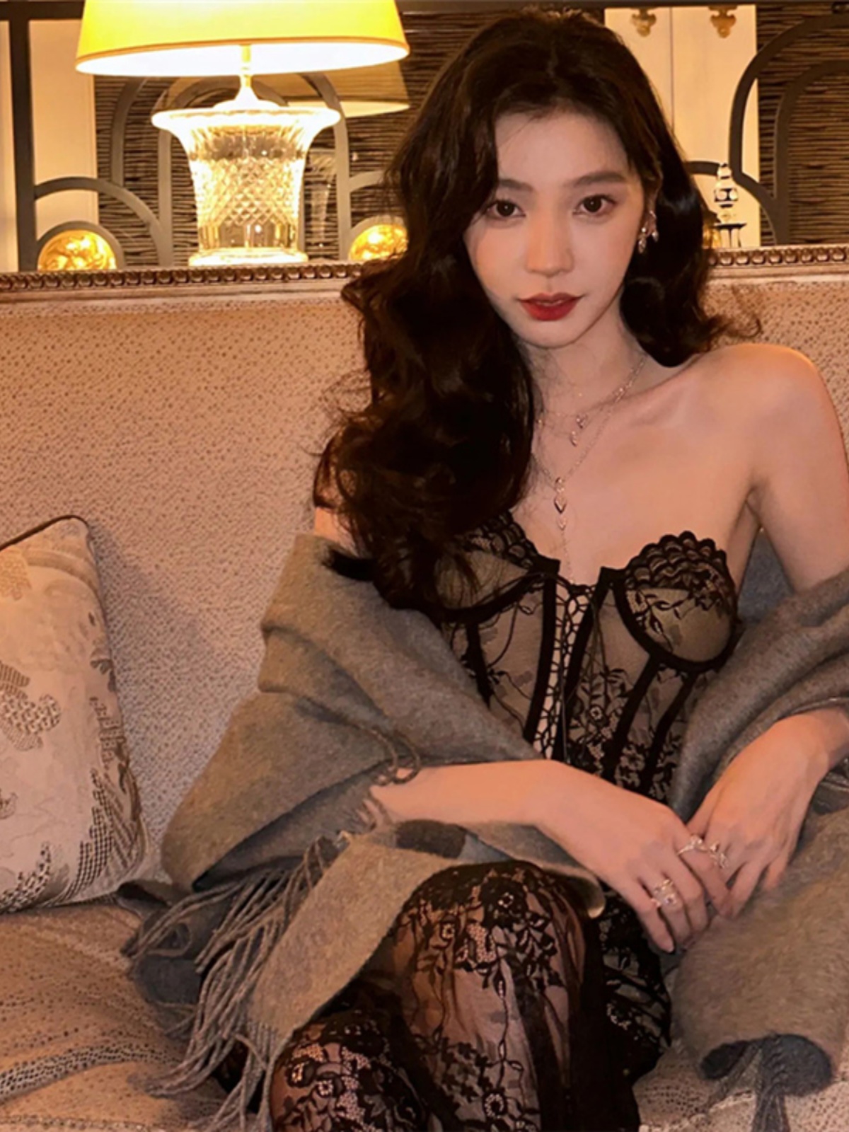 Sexy Lace Jacquard V-Neck Strapless Top & High-Waisted Skirt Two-Piece Set - Trendy Y2K Inspired Look for Women Sexy Lace Jacquard V-Neck Strapless Top & High-Waisted Skirt Two-Piece Set - Trendy Y2K Inspired Look for Women