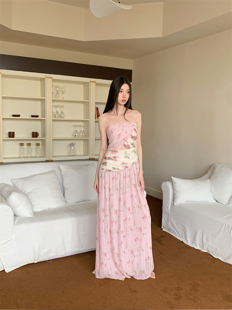 Sexy Off-Shoulder Floral Lace-Up Bustier Dress with Waist-Cinching Effect and Pleated Long Skirt - Eccentric Y2K Style