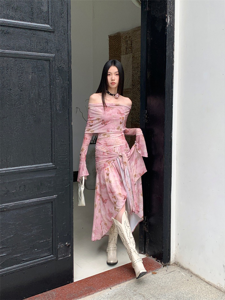 Sexy Off-Shoulder Pink Butterfly Print Dress with Waist-Cinching Irregular Long Skirt - Trendy Y2K Style for Women Sexy Off-Shoulder Pink Butterfly Print Dress with Waist-Cinching Irregular Long Skirt - Trendy Y2K Style for Women