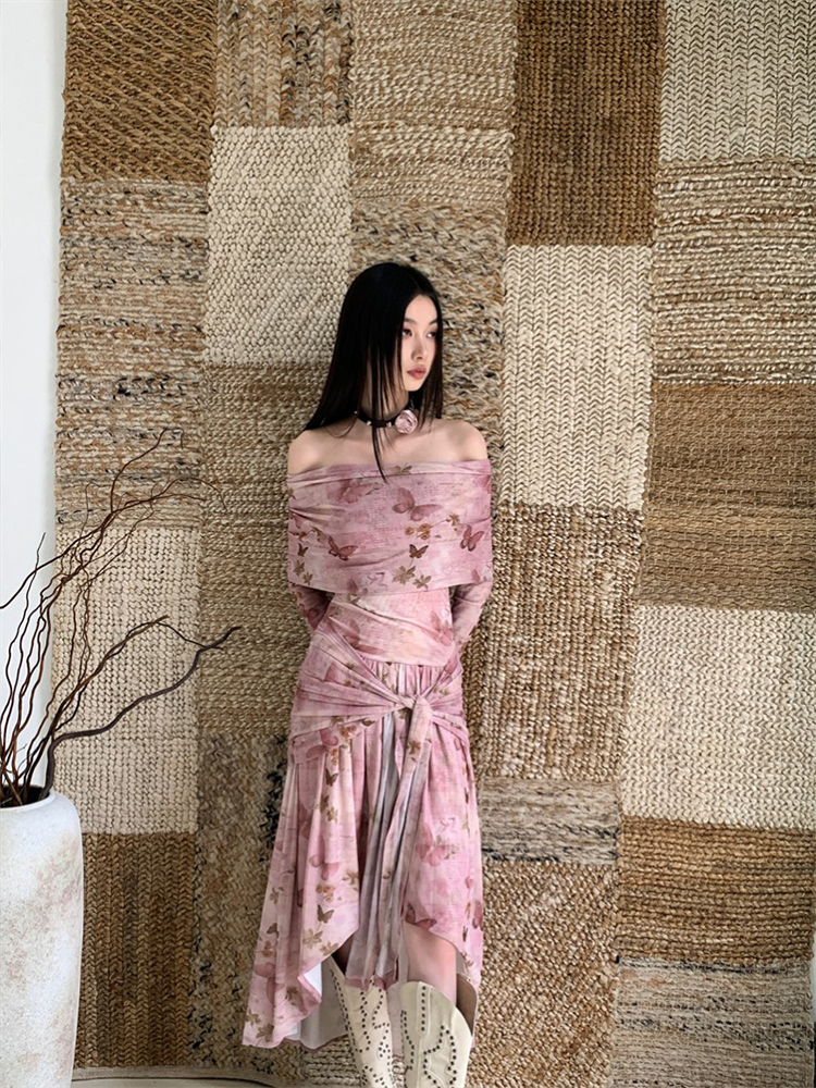 Sexy Off-Shoulder Pink Butterfly Print Dress with Waist-Cinching Irregular Long Skirt - Trendy Y2K Style for Women Sexy Off-Shoulder Pink Butterfly Print Dress with Waist-Cinching Irregular Long Skirt - Trendy Y2K Style for Women