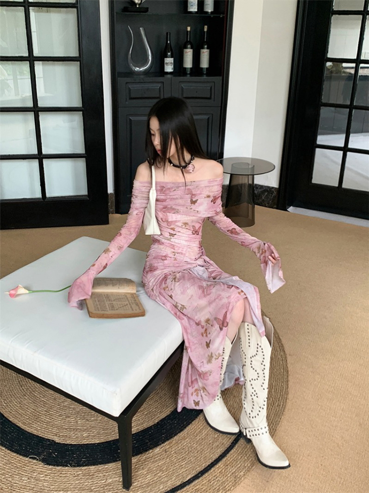 Sexy Off-Shoulder Pink Butterfly Print Dress with Waist-Cinching Irregular Long Skirt - Trendy Y2K Style for Women Sexy Off-Shoulder Pink Butterfly Print Dress with Waist-Cinching Irregular Long Skirt - Trendy Y2K Style for Women