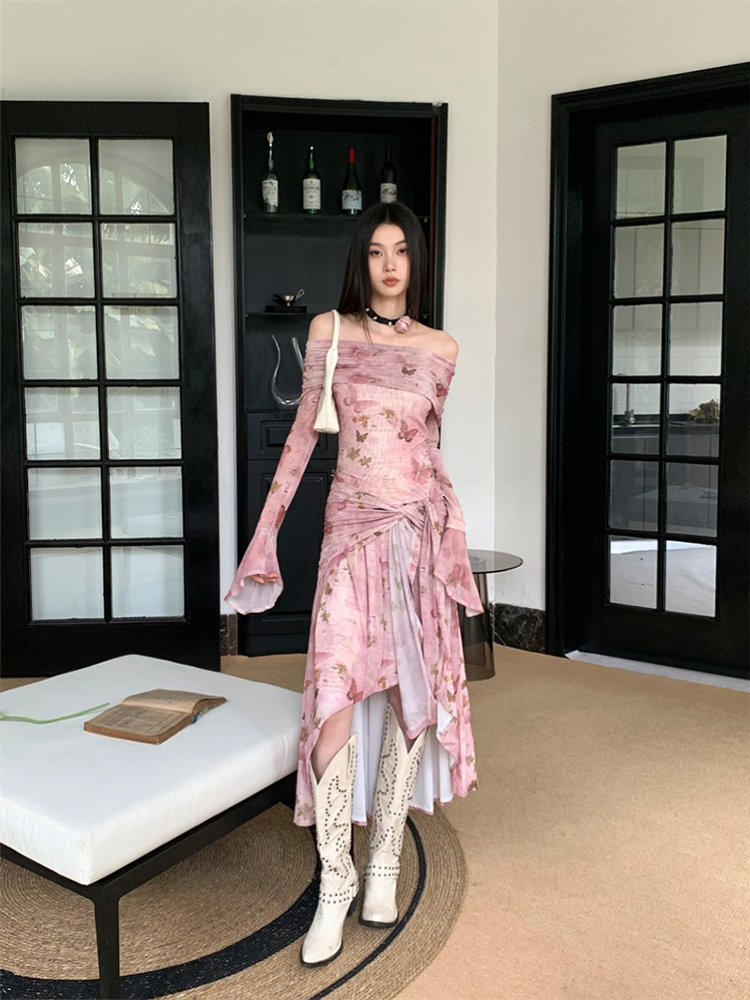 Sexy Off-Shoulder Pink Butterfly Print Dress with Waist-Cinching Irregular Long Skirt - Trendy Y2K Style for Women