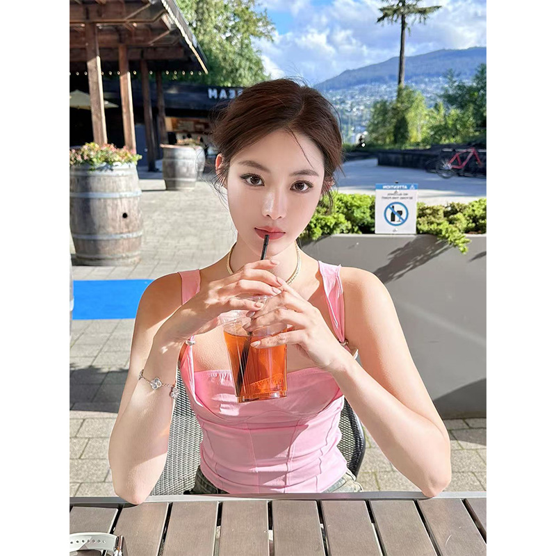 Sexy Pink Slim-Fit Camisole Top with Metal Buckle Design for Women - Summer Fashion Essential Sexy Pink Slim-Fit Camisole Top with Metal Buckle Design for Women - Summer Fashion Essential