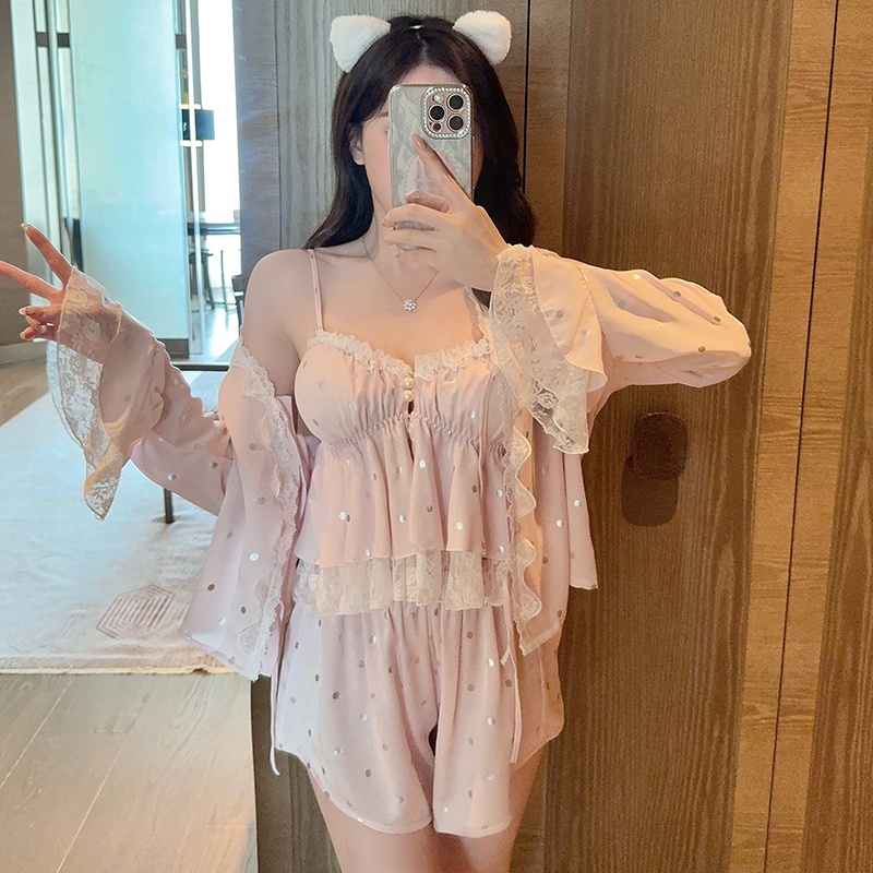 Sexy Polka Dot Camisole Sleepwear Set for Women - Ice Silk Homewear, Spring Autumn 2025, Versatile Summer Style Sexy Polka Dot Camisole Sleepwear Set for Women - Ice Silk Homewear, Spring Autumn 2025, Versatile Summer Style