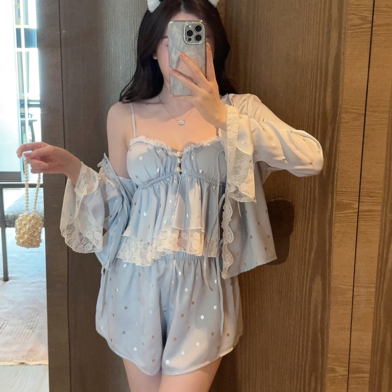 Sexy Polka Dot Camisole Sleepwear Set for Women - Ice Silk Homewear, Spring Autumn 2025, Versatile Summer Style Sexy Polka Dot Camisole Sleepwear Set for Women - Ice Silk Homewear, Spring Autumn 2025, Versatile Summer Style