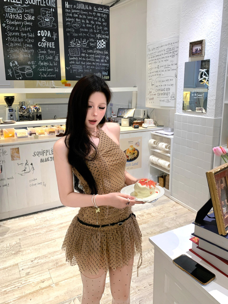 Sexy Polka Dot Halter Neck Tank Top and Low-Waisted Semi-Sheer Skirt Set - Y2K European American Style for Women Sexy Polka Dot Halter Neck Tank Top and Low-Waisted Semi-Sheer Skirt Set - Y2K European American Style for Women