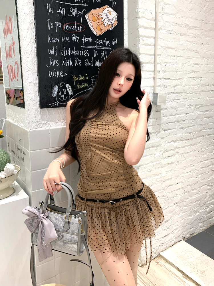 Sexy Polka Dot Halter Neck Tank Top and Low-Waisted Semi-Sheer Skirt Set - Y2K European American Style for Women