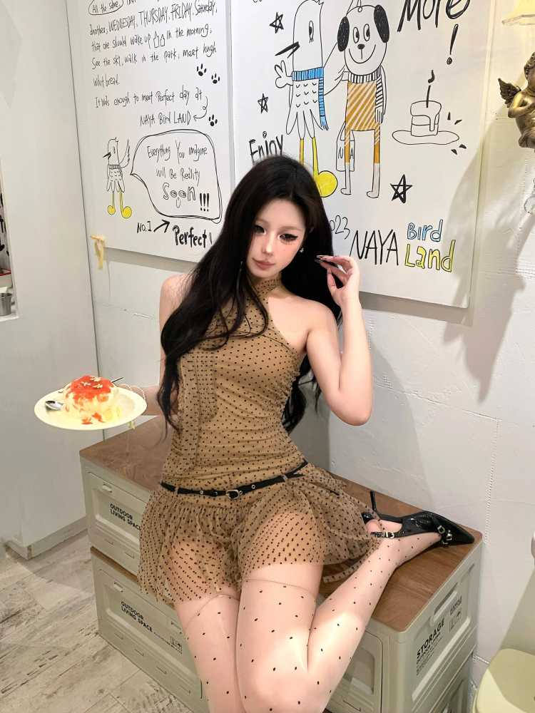 Sexy Polka Dot Halter Neck Tank Top and Low-Waisted Semi-Sheer Skirt Set - Y2K European American Style for Women Sexy Polka Dot Halter Neck Tank Top and Low-Waisted Semi-Sheer Skirt Set - Y2K European American Style for Women