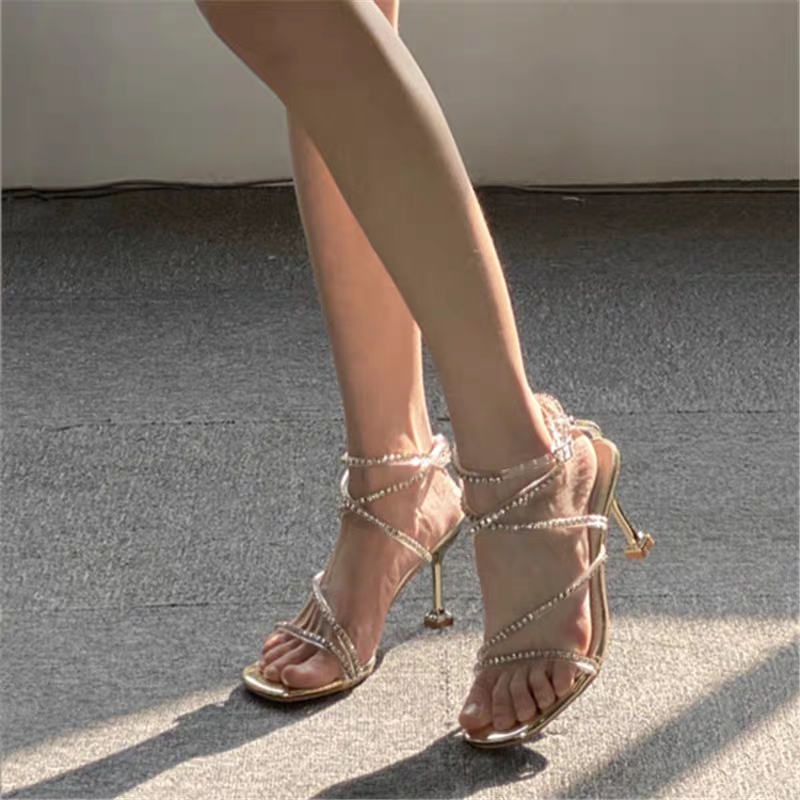 Sexy Rhinestone Lace-Up Sandals for Women - Square Toe Open Toe Thin Heels, Fairy-Style Roman Summer Shoes 2025