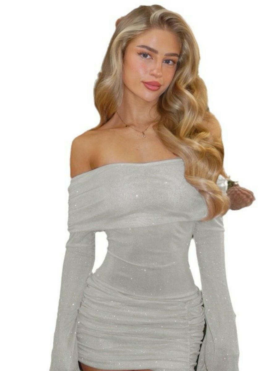 Sexy Strapless Off-the-Shoulder Ruched Bodycon Mini Dress with Sparkle - European and American Style for Chic Fall Nights Sexy Strapless Off-the-Shoulder Ruched Bodycon Mini Dress with Sparkle - European and American Style for Chic Fall Nights