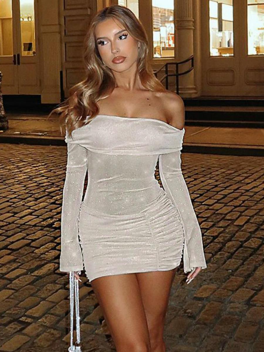 Sexy Strapless Off-the-Shoulder Ruched Bodycon Mini Dress with Sparkle - European and American Style for Chic Fall Nights