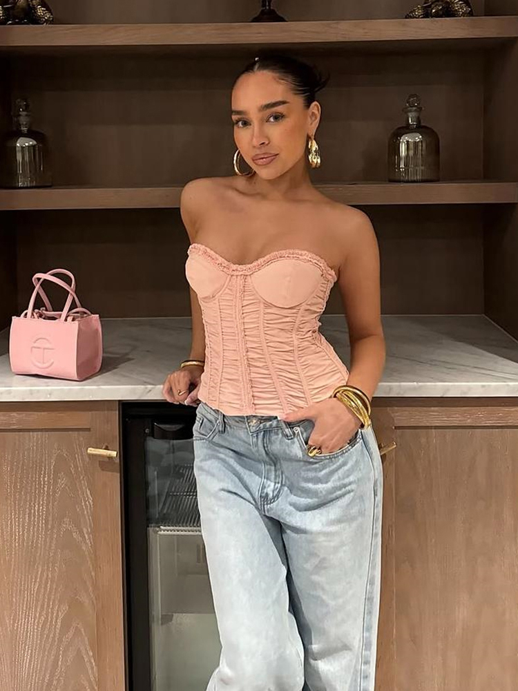 Sexy Strapless Ruffled Lace Edge Top for Women - Eccentric European & American Style, Slim-Fit Waist-Cinching Design Sexy Strapless Ruffled Lace Edge Top for Women - Eccentric European & American Style, Slim-Fit Waist-Cinching Design