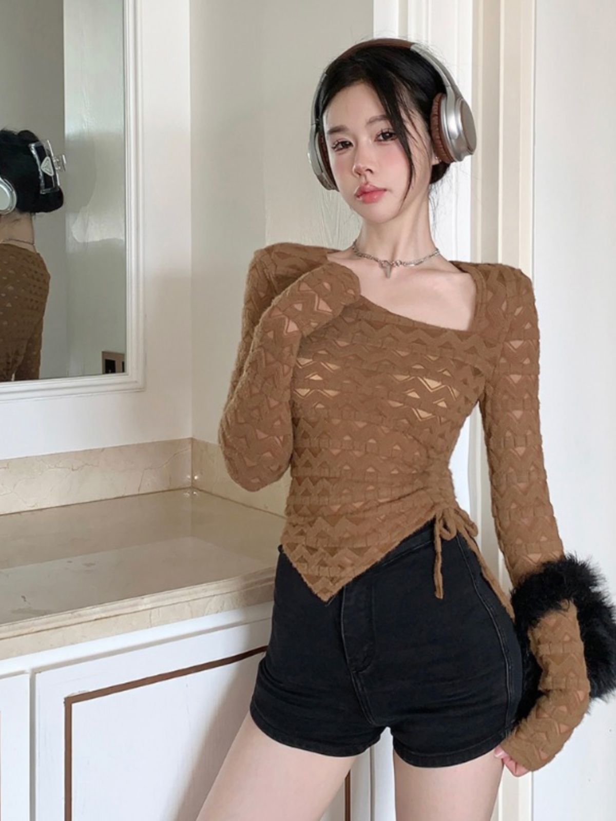Sheer Lace Hollow-Out Base Shirt for Women, Unique Irregular Cut with Drawstring Details, Pure Desire Style, Y2K Fashion Sheer Lace Hollow-Out Base Shirt for Women, Unique Irregular Cut with Drawstring Details, Pure Desire Style, Y2K Fashion