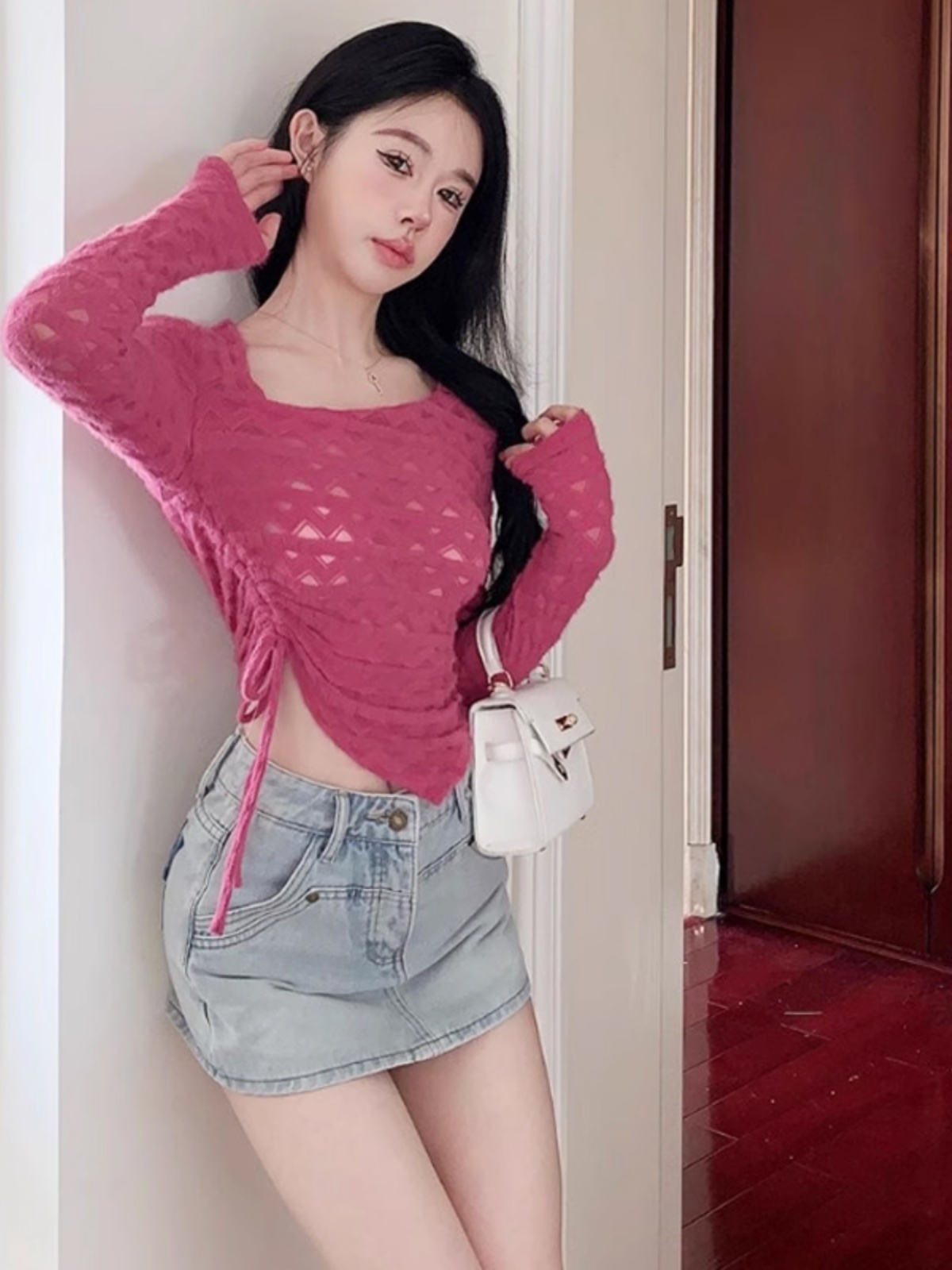 Sheer Lace Hollow-Out Base Shirt for Women, Unique Irregular Cut with Drawstring Details, Pure Desire Style, Y2K Fashion