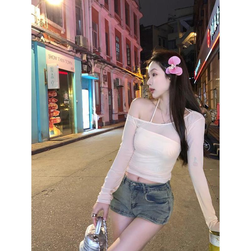 Sheer Long Sleeve Crop Top and Camisole Set - Women's Mesh Summer Cover-Up for Sweet and Spicy Style Sheer Long Sleeve Crop Top and Camisole Set - Women's Mesh Summer Cover-Up for Sweet and Spicy Style