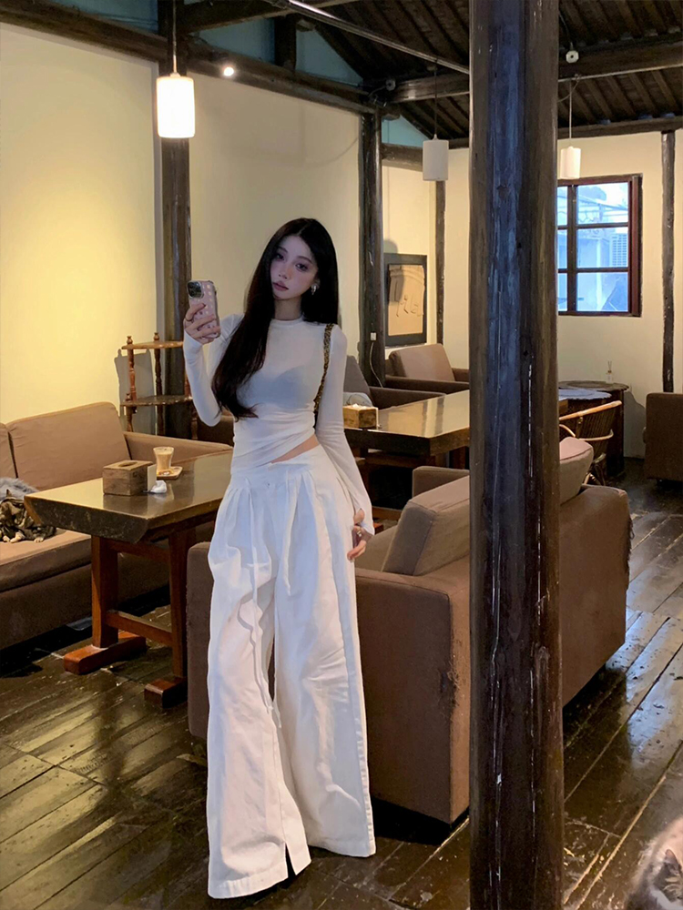 Sheer Long Sleeve T-Shirt for Women - Eccentric Waist-Cinching Design, Figure-Flattering Fit, Versatile Round Neck, Chic Style