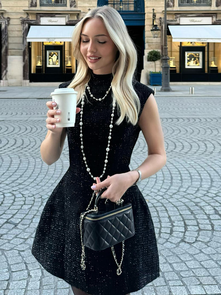 Shimmering Half-Turtleneck Backless Dress for Women - Slim High-Waisted Short Skirt, American Street Style, Y2K Fashion Shimmering Half-Turtleneck Backless Dress for Women - Slim High-Waisted Short Skirt, American Street Style, Y2K Fashion