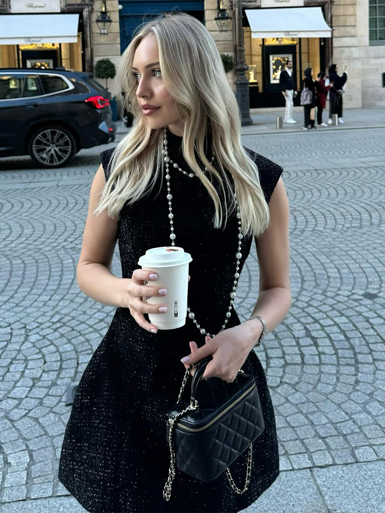 Shimmering Half-Turtleneck Backless Dress for Women - Slim High-Waisted Short Skirt, American Street Style, Y2K Fashion