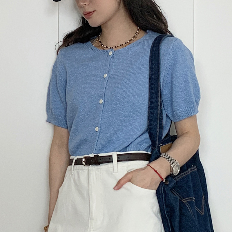 Short Sleeve Knitted Cardigan T-Shirt for Women - Summer Round Neck Loose Fit Elegant Versatile Half Sleeve Top Short Sleeve Knitted Cardigan T-Shirt for Women - Summer Round Neck Loose Fit Elegant Versatile Half Sleeve Top
