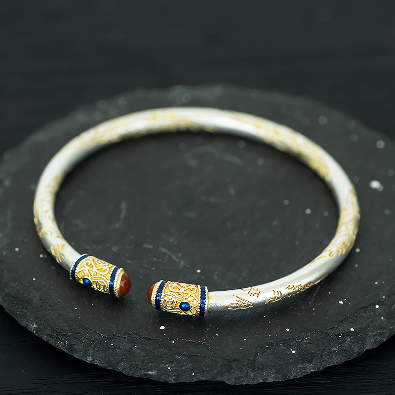 Silver Open Bracelet with Gold-Painted Tang Grass Pattern and CloisonnÃ© Agate Embellishments - Festival Gift Jewelry