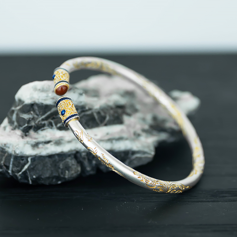 Silver Open Bracelet with Gold-Painted Tang Grass Pattern and CloisonnÃ© Agate Embellishments - Festival Gift Jewelry
