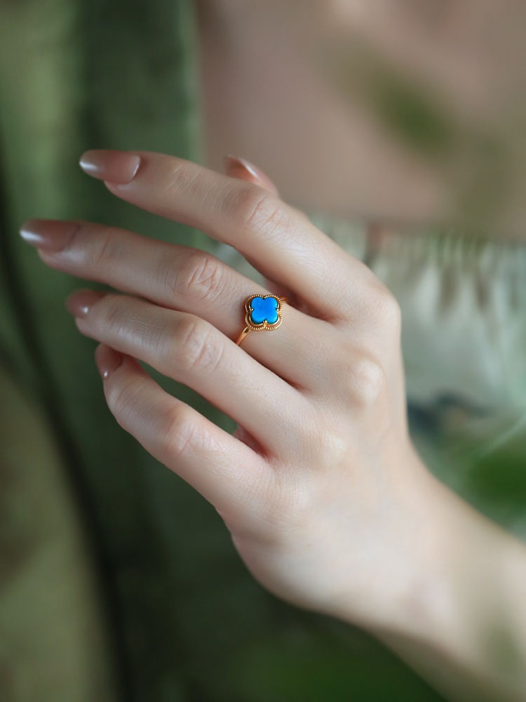 Silver Turquoise Gold-Plated Four-Leaf Clover Ring for Women, Chinese Style with Jade Inlay, Wealth and Prosperity Accessory