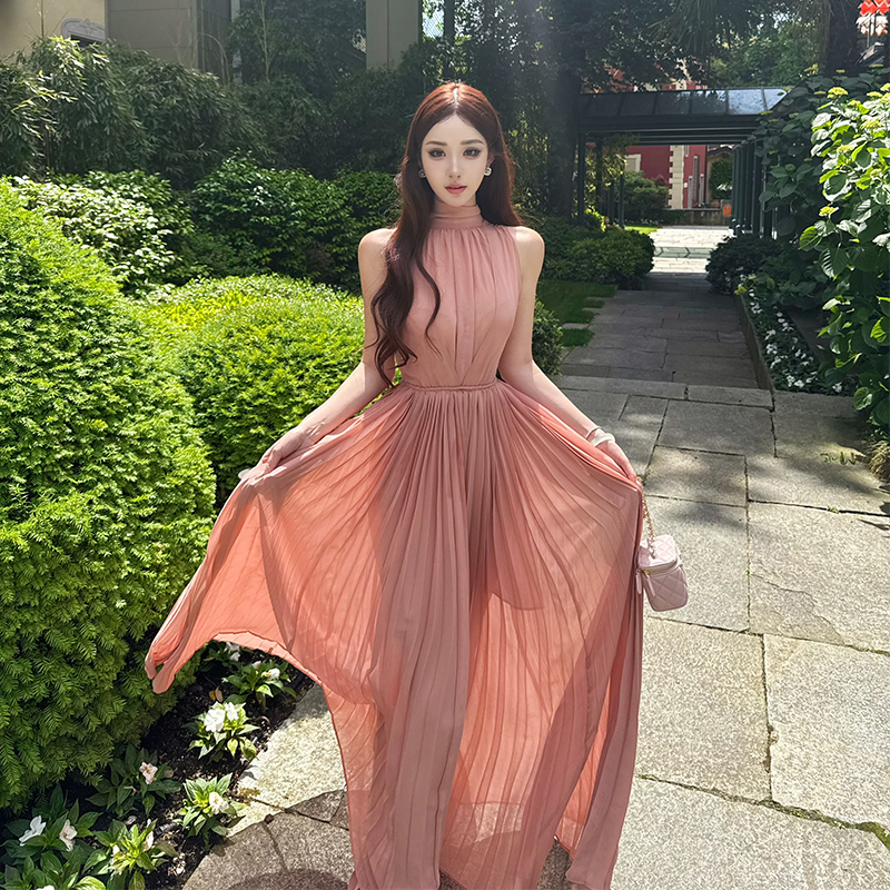 Sleeveless Pleated Chiffon Dress for Women, Long Summer Dress, Floral Water Lily Design, Trendy Influencer Style, 90s Vibes