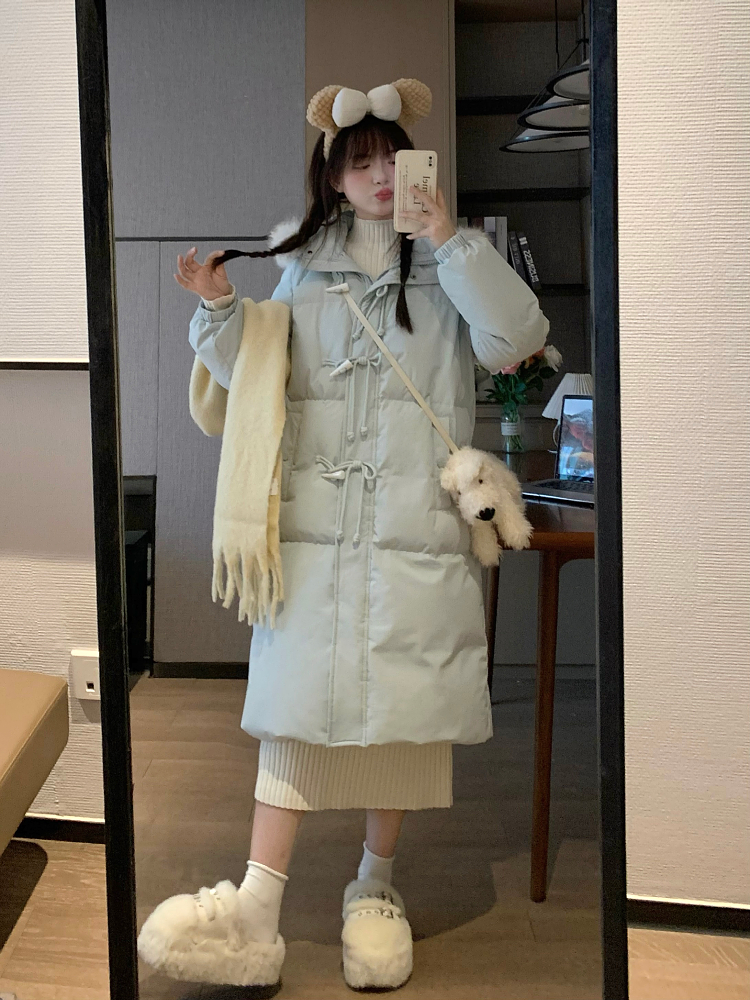 Slim Fit Blue Cotton Winter Coat with Horn Buckle Detail - Stylish and Warm Women's Outerwear for Sweet Winter Looks Slim Fit Blue Cotton Winter Coat with Horn Buckle Detail - Stylish and Warm Women's Outerwear for Sweet Winter Looks